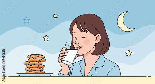 Cozy Bedtime Snack Depicts Woman Enjoying Cookies And Milk Before Sleep