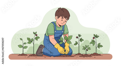 Boy Kneeling Down Planting Young Seedling in the Garden Wearing Yellow Gloves