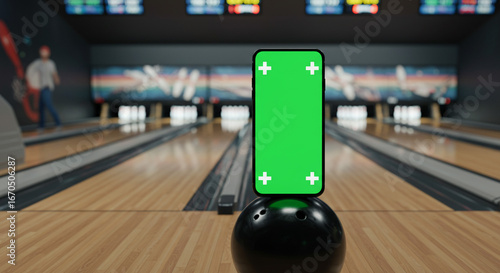 Green screen phone on bowling ball at alley captures gaming or sports app content