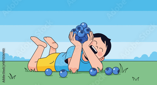 Boy Relaxing In The Grass With Blueberries Enjoying A Healthy Snack Outdoors