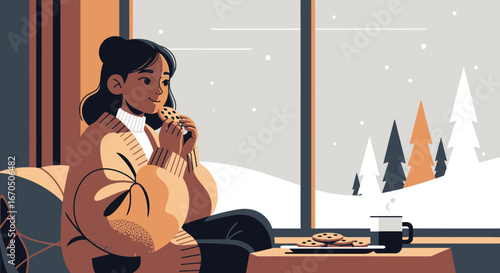 Cozy Winter Day A Woman Enjoying Cookies And Hot Drink Near The Window