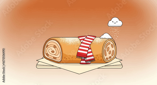 Cozy Sweet Strudel Cartoon Scene with Cloud Character and Snowflakes
