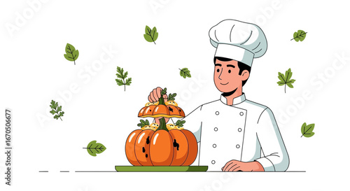 Creative Autumnal Cuisine Chef Preparing Pumpkin Recipe For Thanksgiving Feast