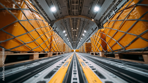 Cargo aircraft interior with pallets on loading rails. Freight transportation system inside airplane cargo hold. Aviation logistics and air shipping operations concept.
