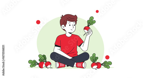 Boy With Radishes Enjoying Healthy Eating and Fresh Organic Vegetable