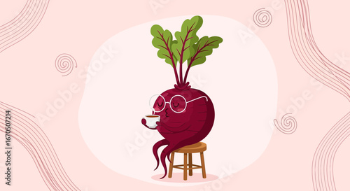 Cute Beetroot Sipping Coffee Illustration For Culinary Themed Designs