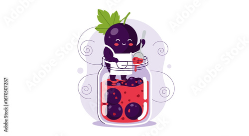 Cute Blackcurrant Character Making Jam In Jar Cartoon Illustration Vector