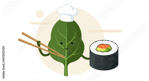 Cute Chef Leaf Holding Sushi Roll with Chopsticks for Healthy Asian Cuisine