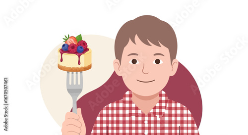 Cartoon Boy Holding Delicious Berry Cheesecake On Fork Ready To Eat Dessert