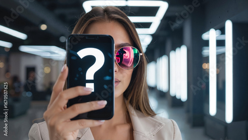 Wallpaper Mural Woman holding smartphone with glowing question mark Torontodigital.ca