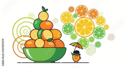 Cartoon Citrus Abundance Freshness and Playful Fruit Character Scene
