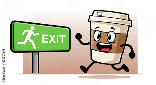 Cartoon Coffee Cup Running Towards The Exit Sign With Joy And Excitement