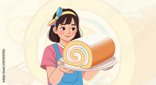 Cartoon Girl Displaying Delicious Swiss Roll On A Plate Ready To Eat