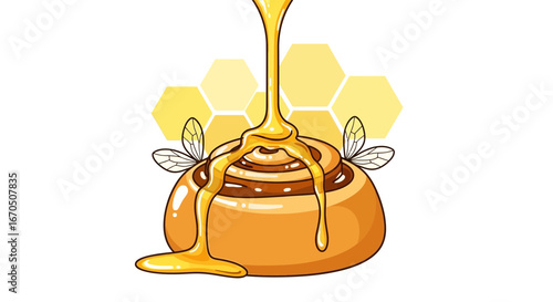 Cartoon Honey Cinnamon Roll Dessert Drizzled Syrup With Bee Wings