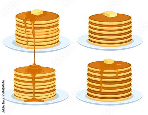 Stacked pancakes with syrup and butter