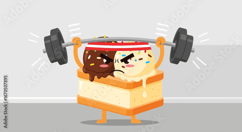 Cartoon Ice Cream Sandwich Lifting Weights Represents Determination to Reach Goals