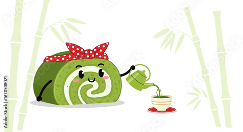 Cartoon Matcha Swiss Roll Character Pouring Traditional Green Tea Illustration