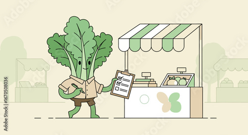 Cartoon Plant Vendor Completing Checklist At The Farmers Market Stall