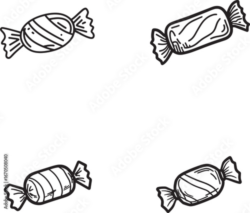 Candy in candy wrapper line art icon, simple flat design vector illustration, white background, minimalistic style, hand-drawn doodle cartoon style, no shadows.eps