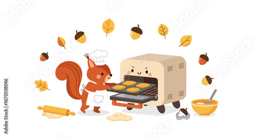 Cute Squirrel Baking Cookies In Oven Autumn Scene Vector Illustration