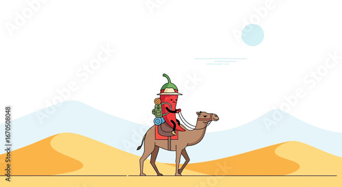 Cartoon Pepper on Camel Exploring Desert Adventure Under the Desert Sun