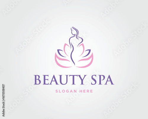Elegant beauty spa logo design with serene female figure vector template