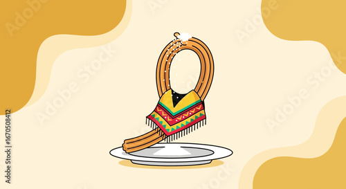 Delicious Churro With Sugar Dust And A Colorful Poncho Illustration