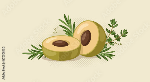 Delicious Exotic Sapote Fruit Still Life Arrangement with Rosemary And Thyme