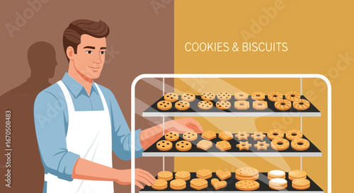 Charming Baker Showcasing an Array of Delicious Cookies and Biscuits in Display Case