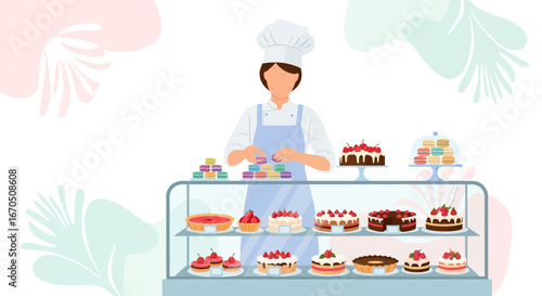 Cheerful Baker Arranging Macarons Near An Array Of Cakes In Display Case