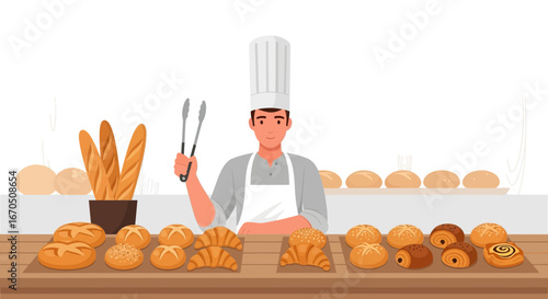Cheerful Baker Displaying Fresh Bread Varieties at the Bakery Shop Professionally