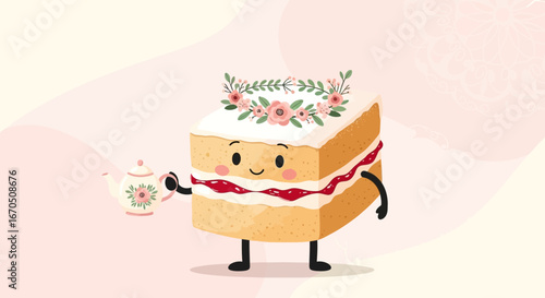 Delightful Cake Character With Teapot Vector For Sweet Themed Designs