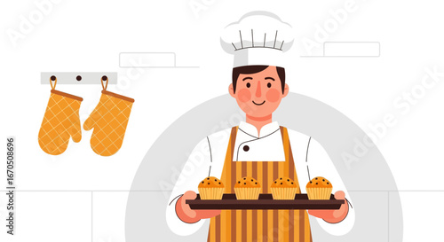 Cheerful Baker Holding Freshly Baked Cupcakes On A Tray With His Apron