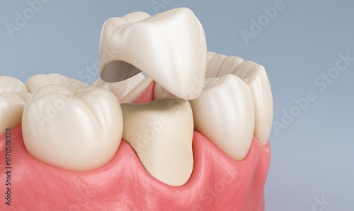 3D illustration of dental crown placement on molar tooth, prosthetic restoration procedure in cosmetic and restorative dentistry
