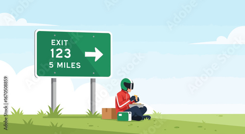 Delivery Driver Takes a Lunch Break Beside the Highway Sign on a Sunny Day