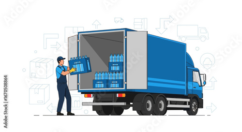 Delivery Man Unloading Bottled Water Cases From A Truck For Distribution