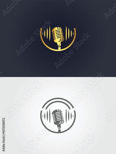 Retro microphone emblem with sound waves logo design vector template