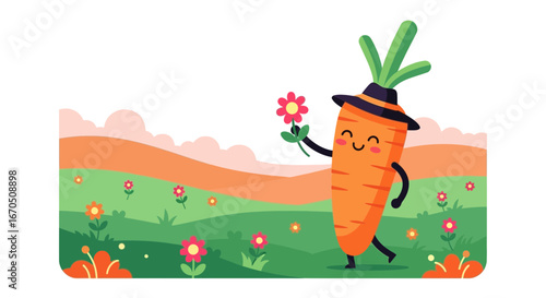 Cheerful Carrot Character Enjoys Sunny Day In Blooming Meadow Illustration