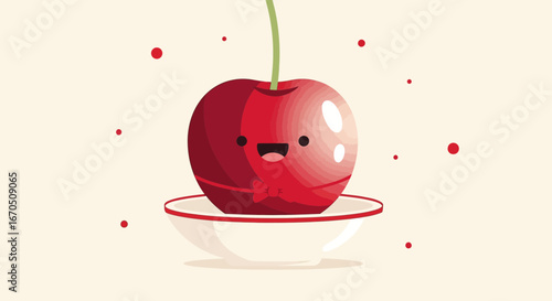 Cheerful Cherry Character Resting Sweetly In A Bowl Smiling With Delight
