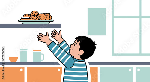 Eager Child Reaching For Cookies On Shelf In Bright Kitchen Scene