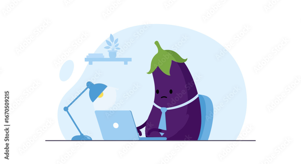 Fototapeta premium Eggplant Employee Working Hard At His Desk With Serious Expression