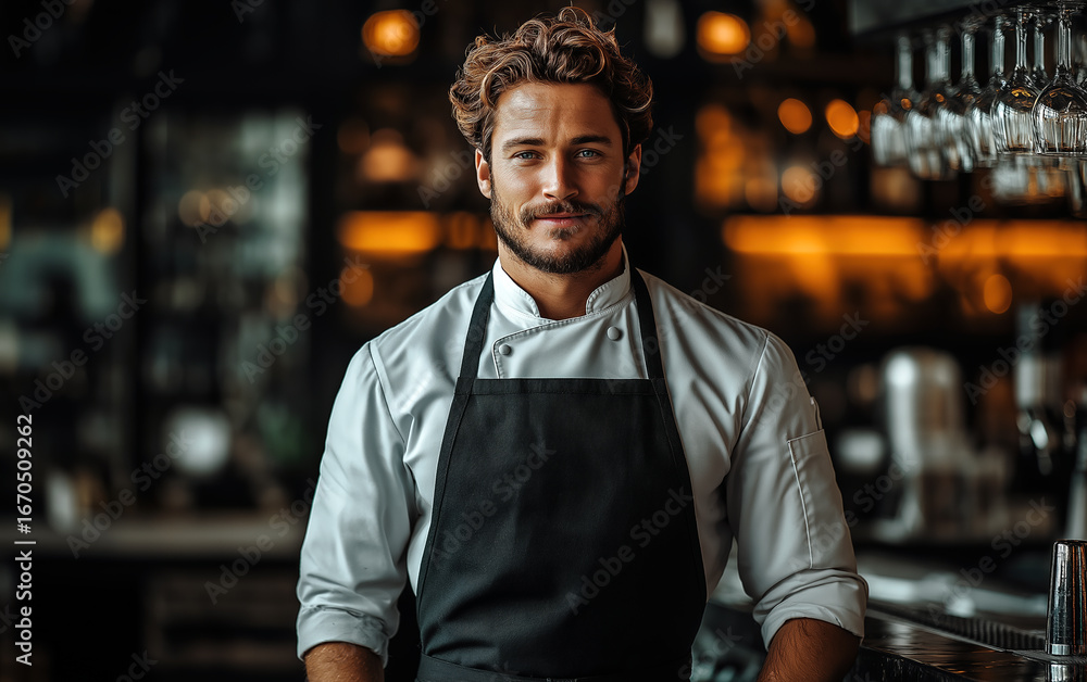 Fototapeta premium Chef kitchen apron. Chef cook in uniform, kitchen apron, protective apparel, culinary environment, food service setting, chef in kitchen interior, apron mock-up. Realistic style photo.