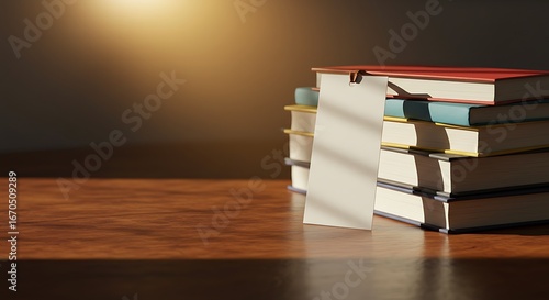 Illuminated stack of colorful books with blank bookmark ready for personalized message or text on