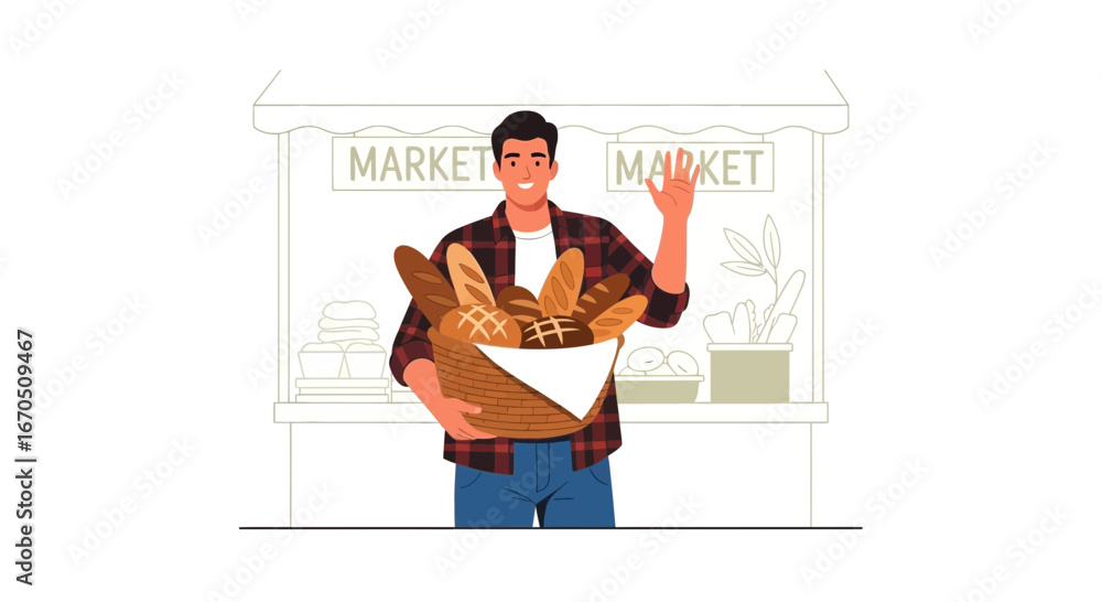 Obraz premium Cheerful Man Carrying Basket Full Of Bread On Market Place Vector Illustration