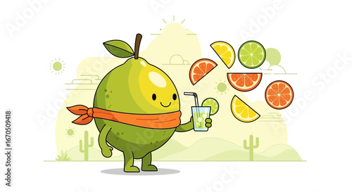 Cheerful Lime Character Enjoying Refreshing Citrus Beverage Cartoon Illustration