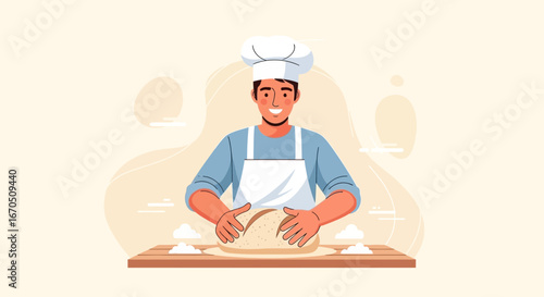Cheerful Male Baker Kneading Dough on Wooden Table With Flour Clouds