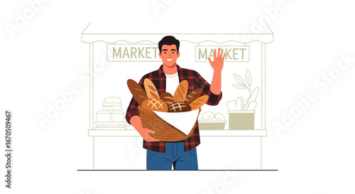 Cheerful Man Carrying Basket Full Of Bread On Market Place Vector Illustration