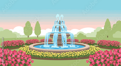 Elegant Fountain in a Verdant Landscape Setting at Dawn or Dusk