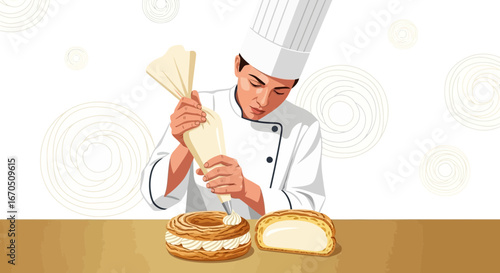 Elegant Pastry Chef Decorating Cream Puffs With Precision Vector Illustration