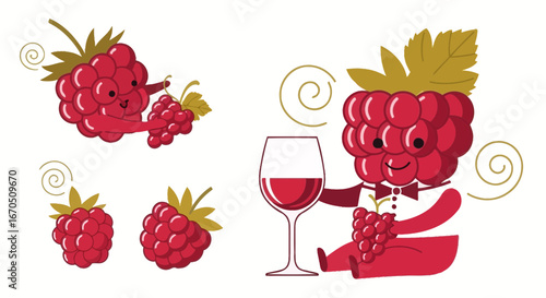 Elegant Raspberry Cartoon Characters Celebrating Special Occasion With Wine
